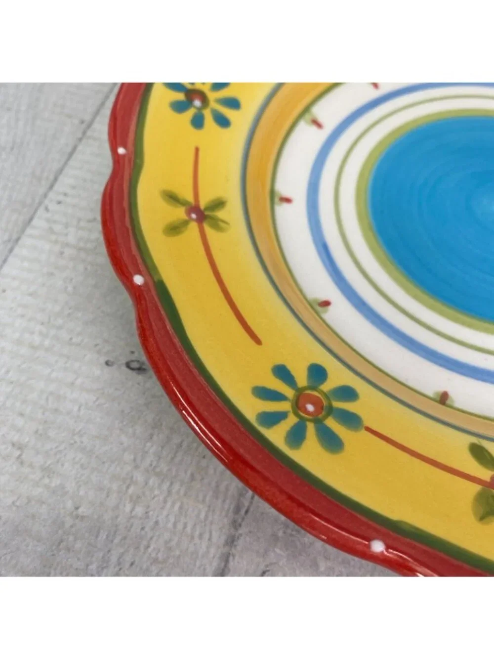 Culinary Arts PETIT JARDIN Yellow Blue Flower Scallop Ceramic Salad Plate Set 4